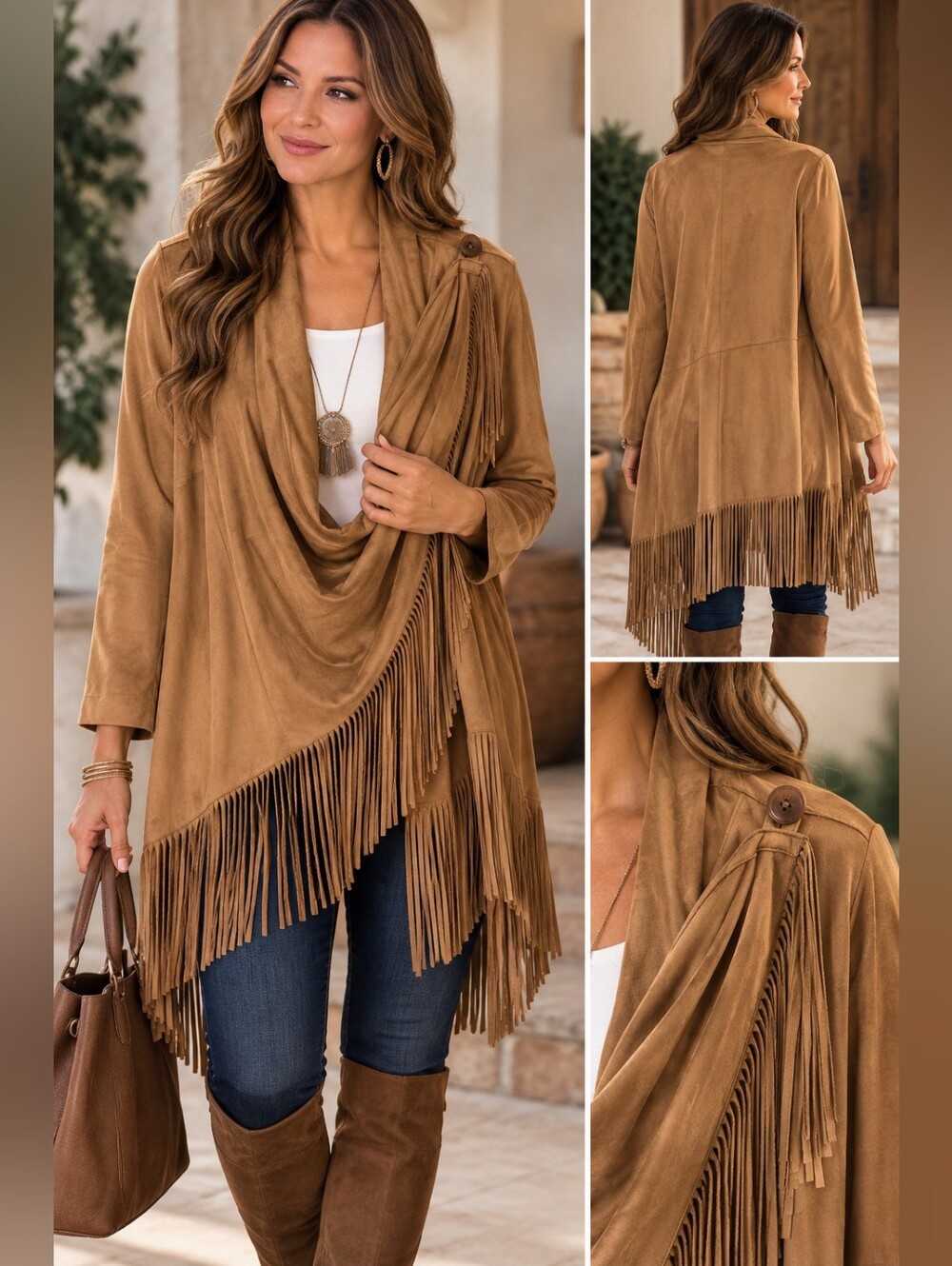 Chico’s Size 1 Medium Camel Faux Suede Fringe Draped Wrap Jacket Boho Western